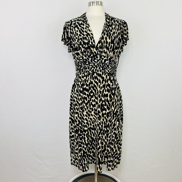 Evan Picone Dresses & Skirts - Evan Picone Sz 12 Large Dress Animal Print Black Beige Tan Ruched Waist #H🫠🫠